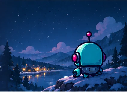 JellyBot looking over a lake at night