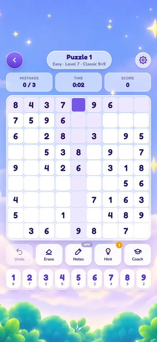 Sudoku: a Classic 9×9 puzzle in progress, with mistakes, time and score above the board