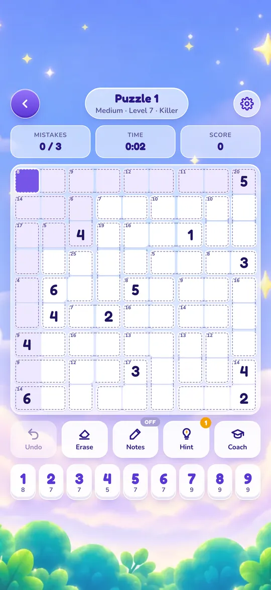 Sudoku: a Killer Sudoku board with dashed cages and their target sums