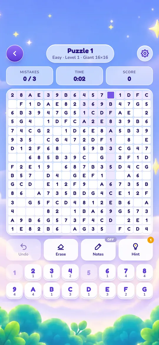 Sudoku: a Giant 16×16 board using digits 1–9 and letters A–G