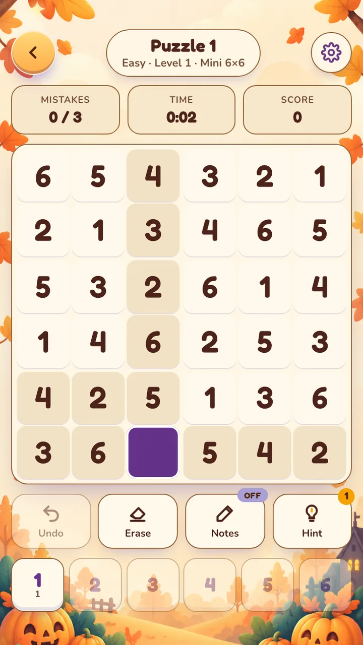 Sudoku: a Mini 6×6 puzzle in progress with mistakes, time and score above the board
