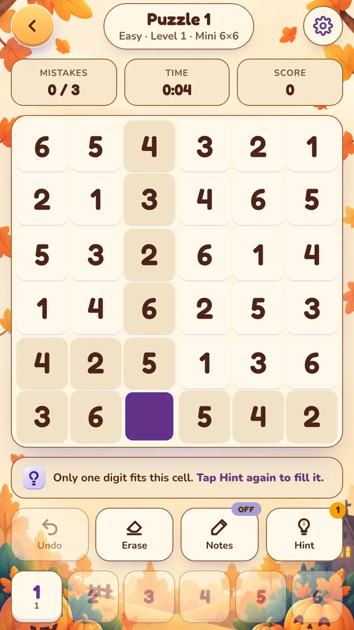 Sudoku: a hint explains "Only one digit fits this cell" before filling it in