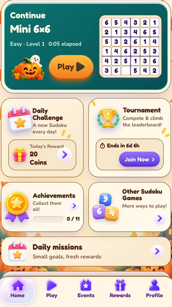 Sudoku: home screen with Continue, the Daily Challenge, Tournament and Achievements